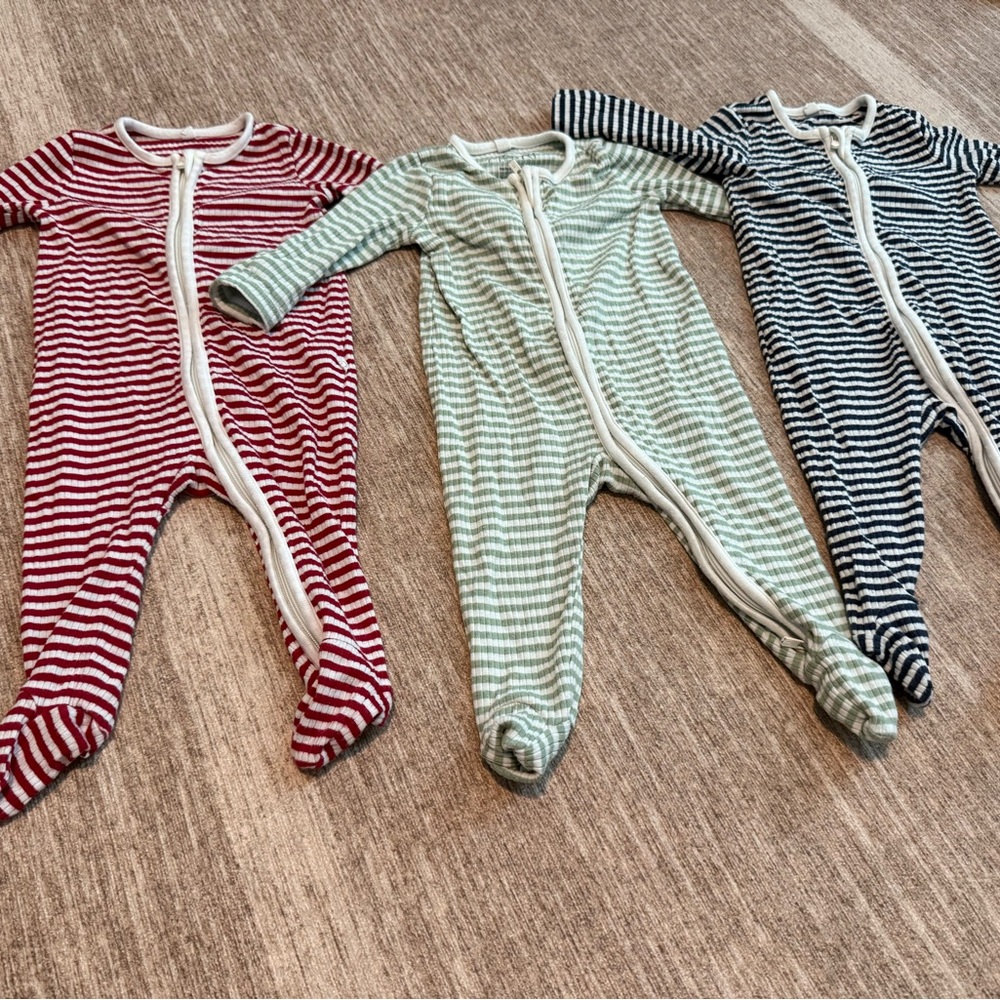 Set of 3 Cozy MORI Striped Kids Pajama Footies - Red, Green, and Navy